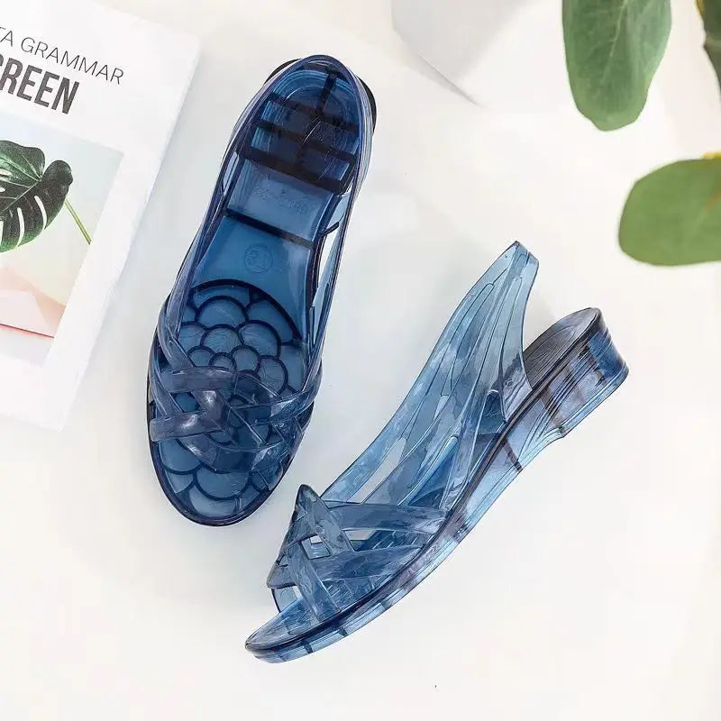Retro Jelly Sandals with Woven Toe and Wedge Heel