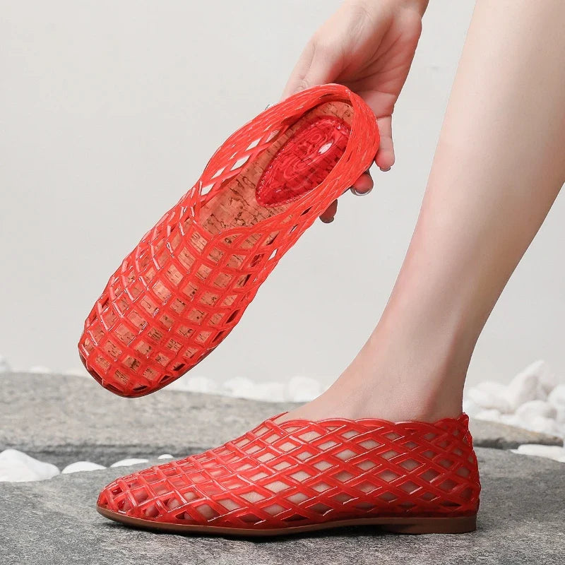 Retro Jelly Shoes with Cut-Out Lattice Design and Cork Insole