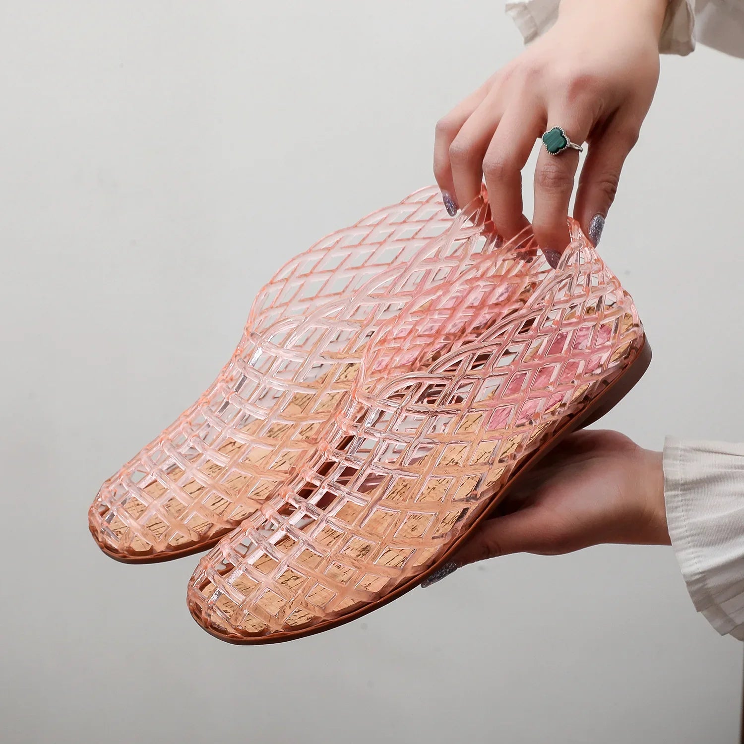 Retro Jelly Shoes with Cut-Out Lattice Design and Cork Insole