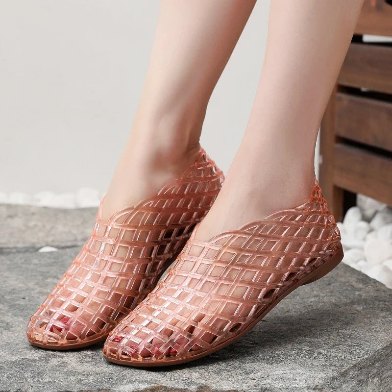 Retro Jelly Shoes with Cut-Out Lattice Design and Cork Insole