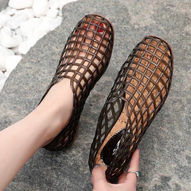 Retro Jelly Shoes with Cut-Out Lattice Design and Cork Insole