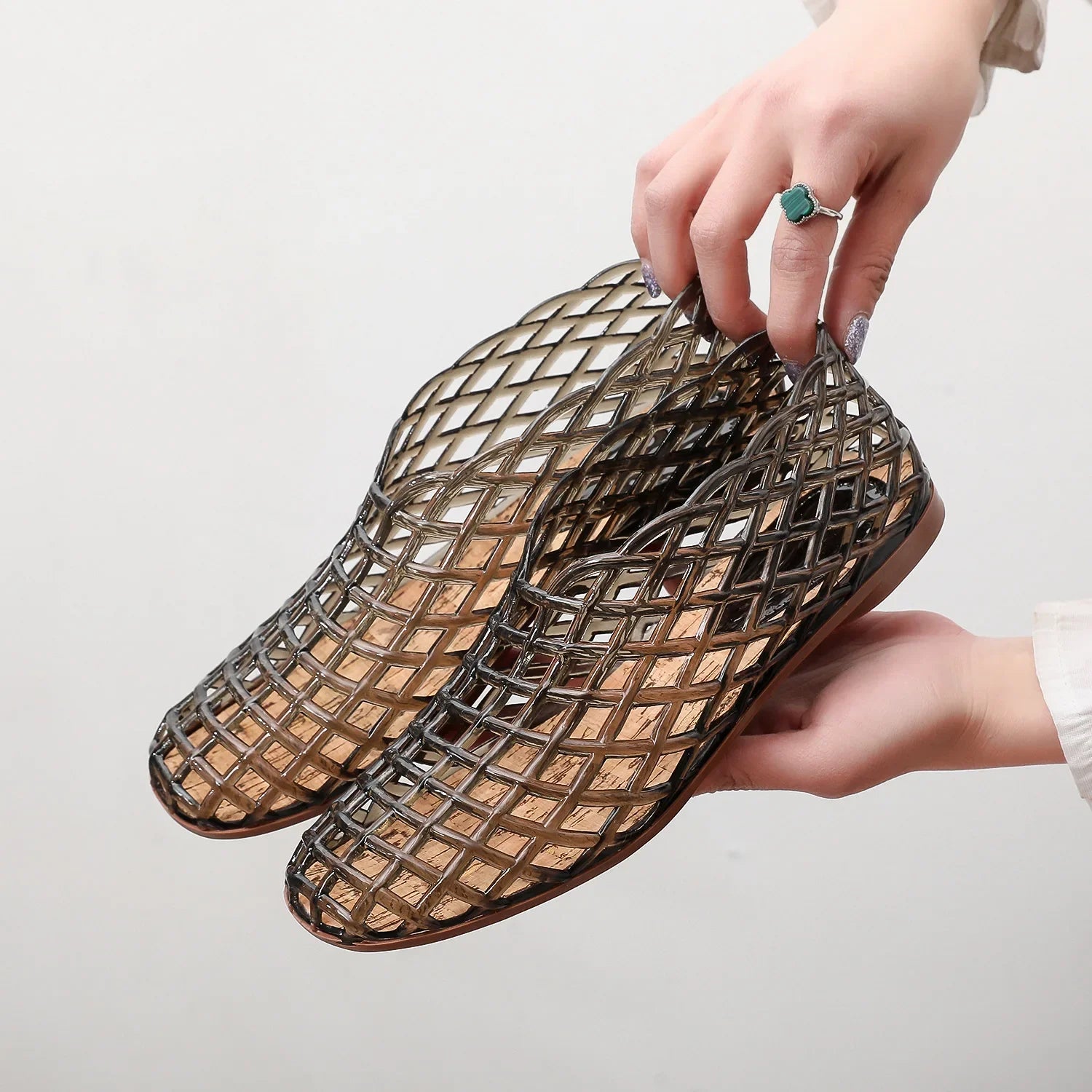 Retro Jelly Shoes with Cut-Out Lattice Design and Cork Insole