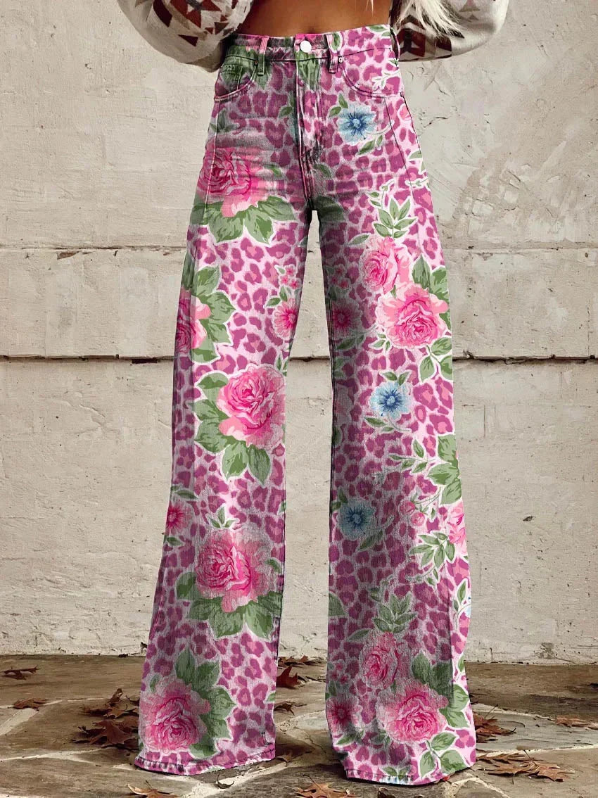 Retro Printed Trousers with High Waist and Full Length Flare