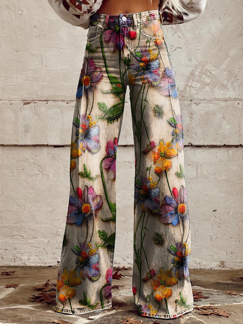 Retro Printed Trousers with High Waist and Full Length Flare