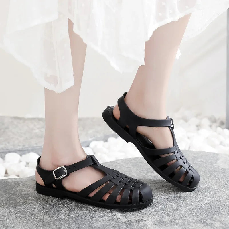 Retro Woven Gladiator Sandals with Ankle Buckle Strap