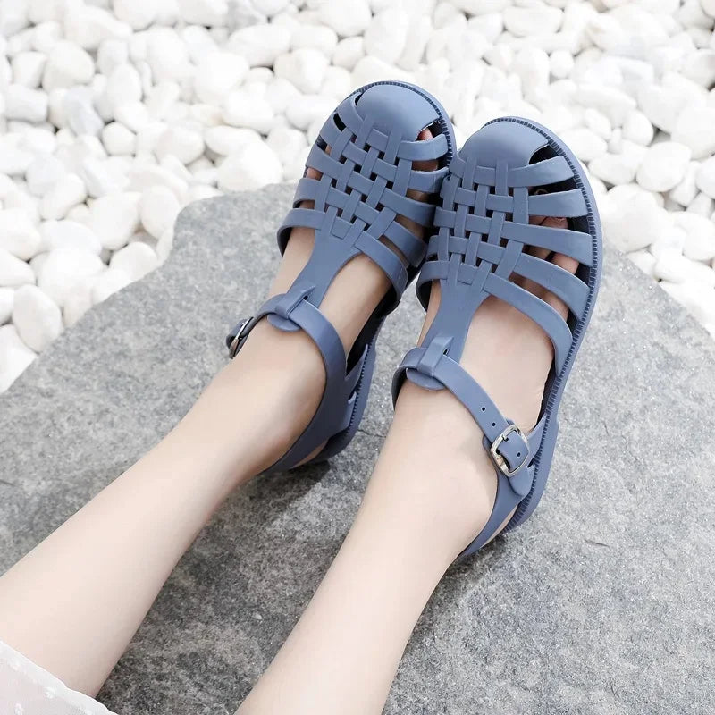 Retro Woven Gladiator Sandals with Ankle Buckle Strap