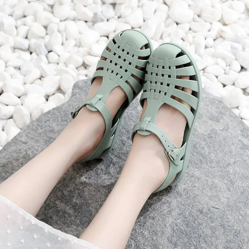 Retro Woven Gladiator Sandals with Ankle Buckle Strap