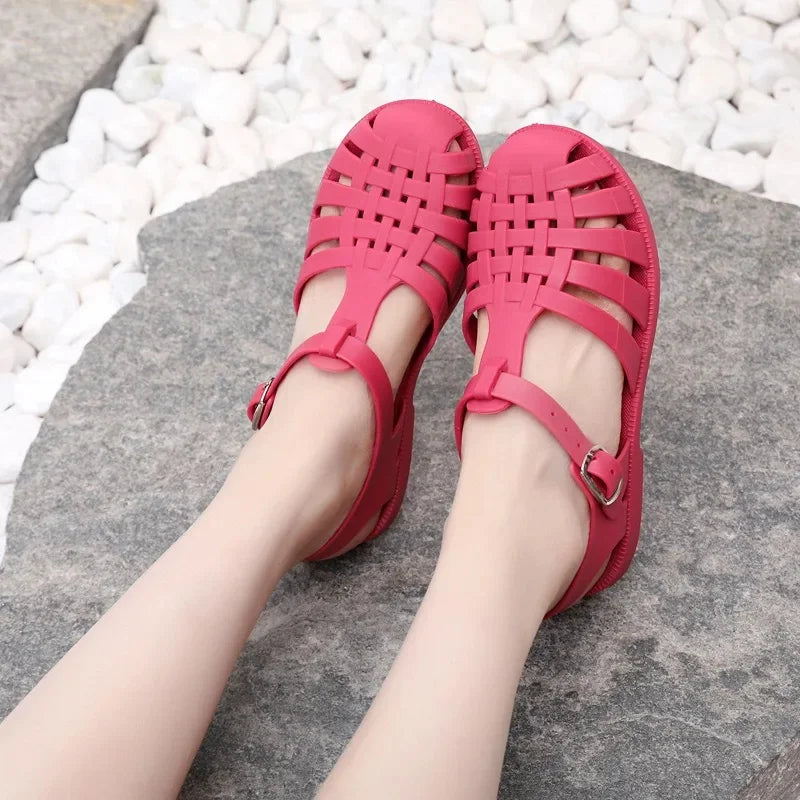 Retro Woven Gladiator Sandals with Ankle Buckle Strap