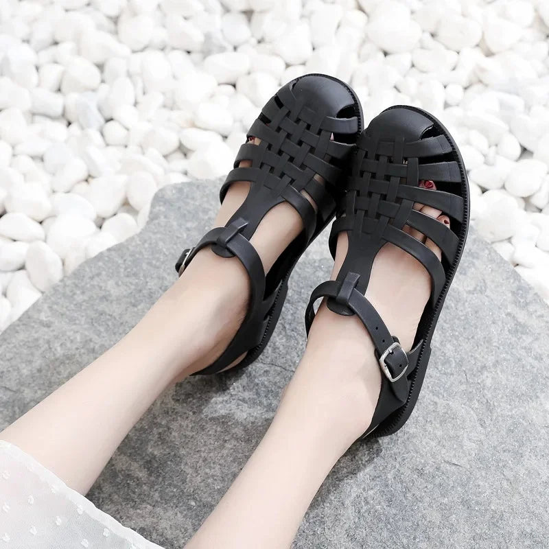 Retro Woven Gladiator Sandals with Ankle Buckle Strap