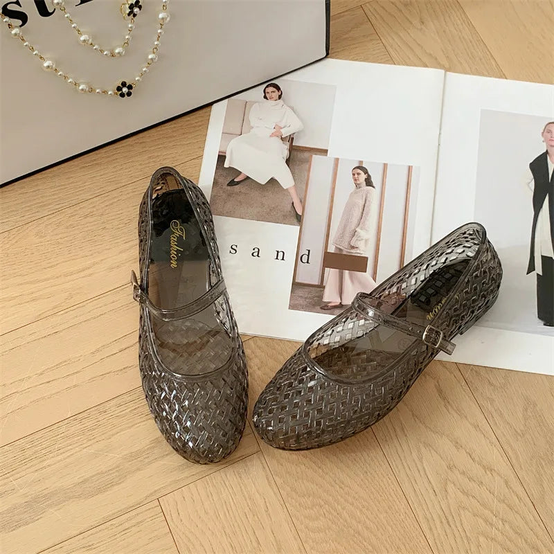 Retro Woven Jelly Mary Jane Flats with Ankle Strap