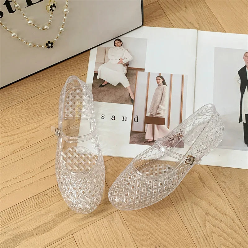 Retro Woven Jelly Mary Jane Flats with Ankle Strap