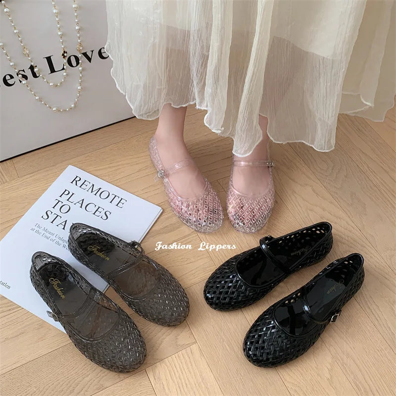 Retro Woven Jelly Mary Jane Flats with Ankle Strap