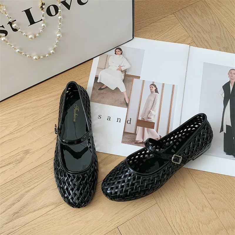 Retro Woven Jelly Mary Jane Flats with Ankle Strap