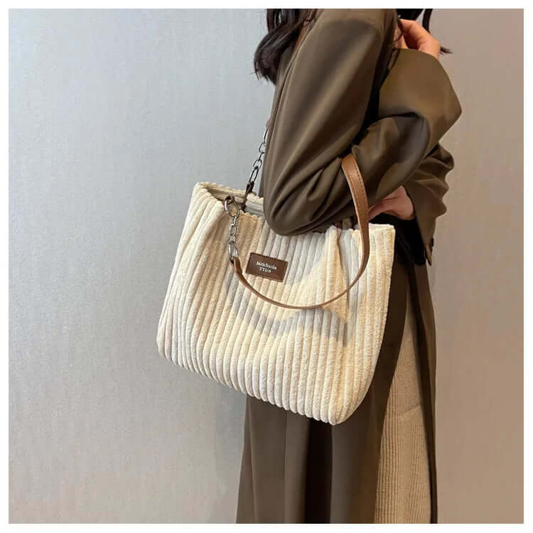 Ribbed Corduroy Shoulder Bag with Chain Strap