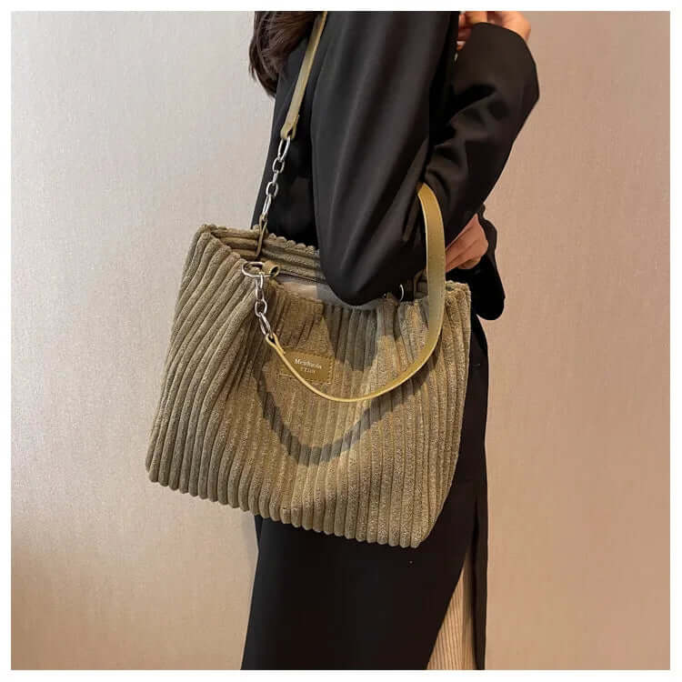 Ribbed Corduroy Shoulder Bag with Chain Strap