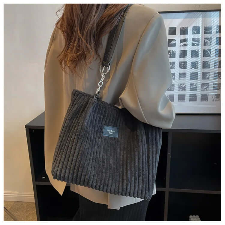 Ribbed Corduroy Shoulder Bag with Chain Strap