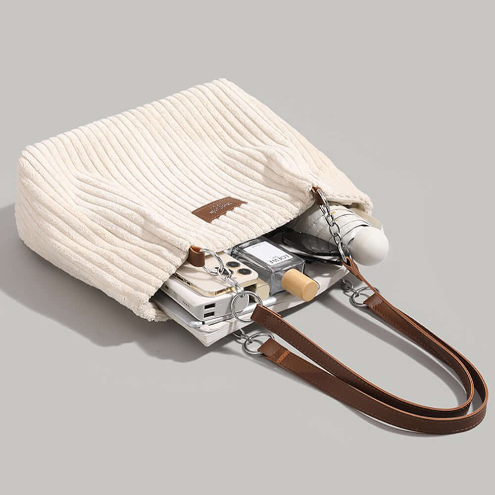 Ribbed Corduroy Shoulder Bag with Chain Strap