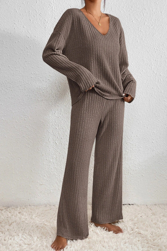 Ribbed Knit Two Piece Set with V-Neckline and Wide Leg Trousers