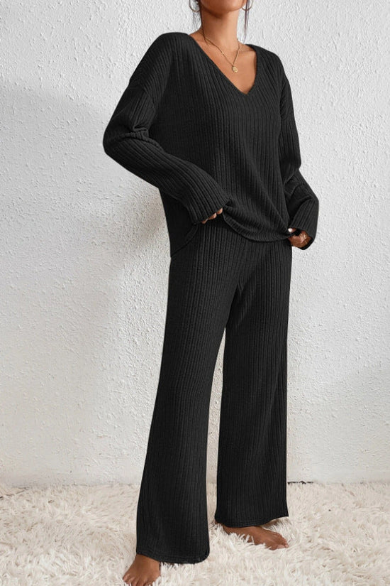 Ribbed Knit Two Piece Set with V-Neckline and Wide Leg Trousers