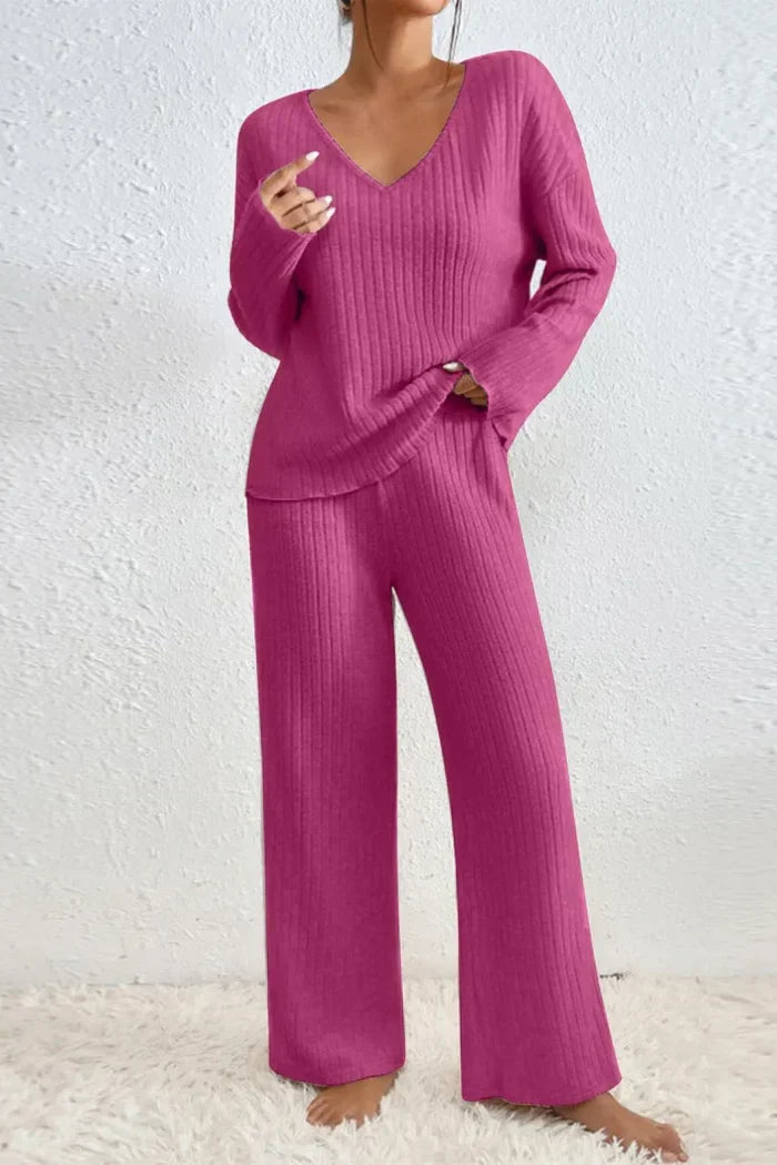 Ribbed Knit Two Piece Set with V-Neckline and Wide Leg Trousers