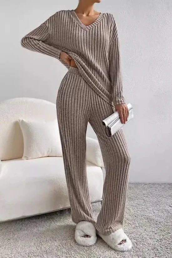 Ribbed Knit Two Piece Set with V-Neckline and Wide Leg Trousers