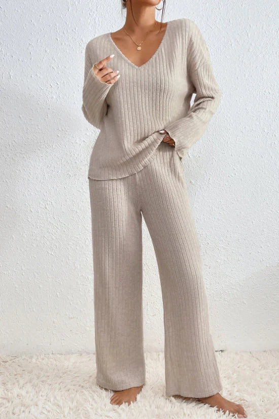 Ribbed Knit Two Piece Set with V-Neckline and Wide Leg Trousers