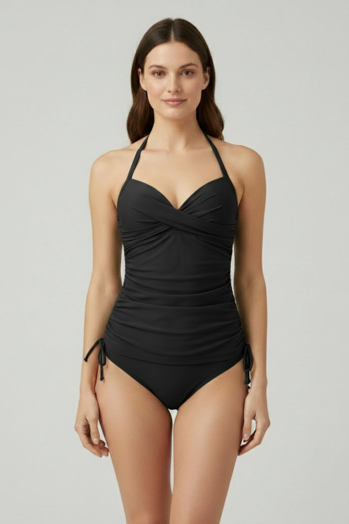 Ruched Halter Neck Two Piece Swimsuit with Wrap Front