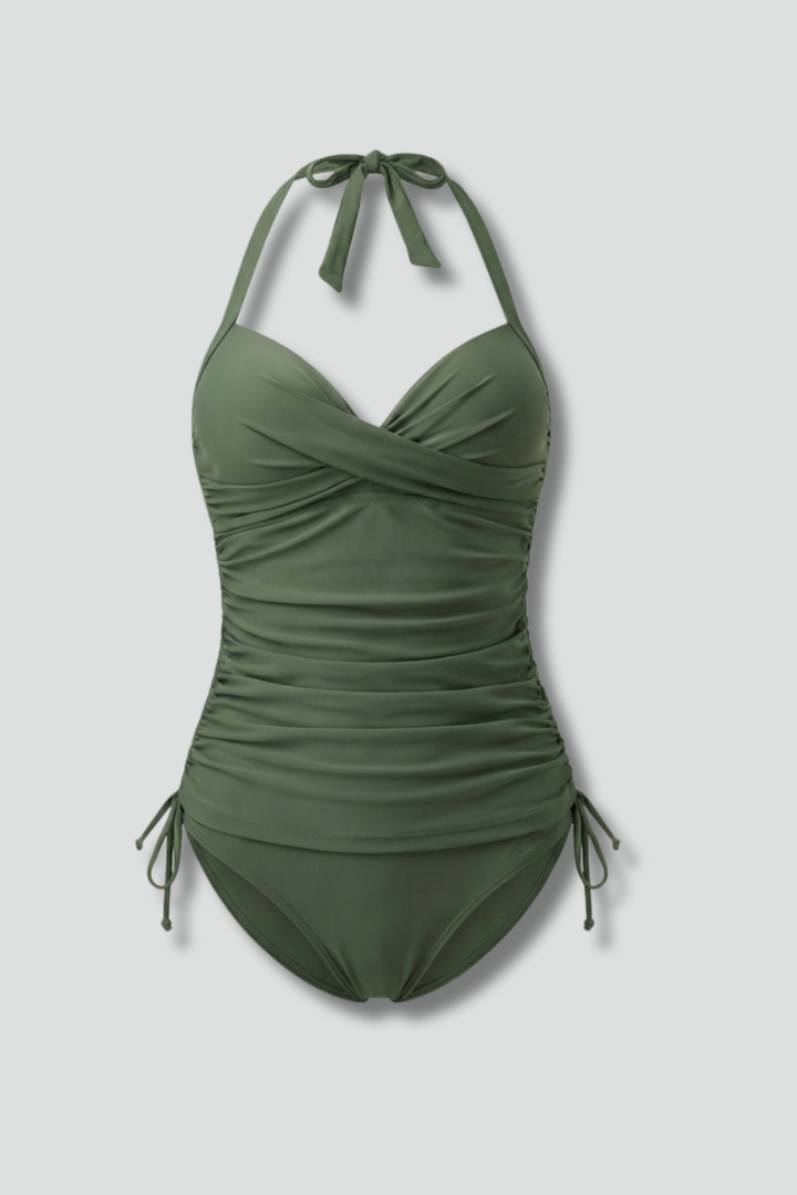 Ruched Halter Neck Two Piece Swimsuit with Wrap Front