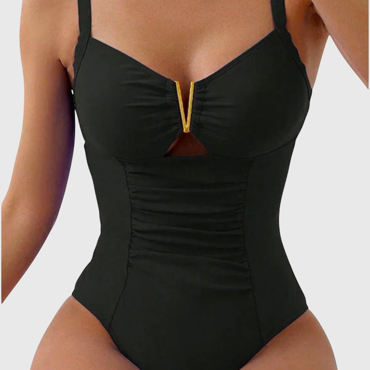 Ruched One Piece Swimsuit with Gold V-Bar Cut Out Detail