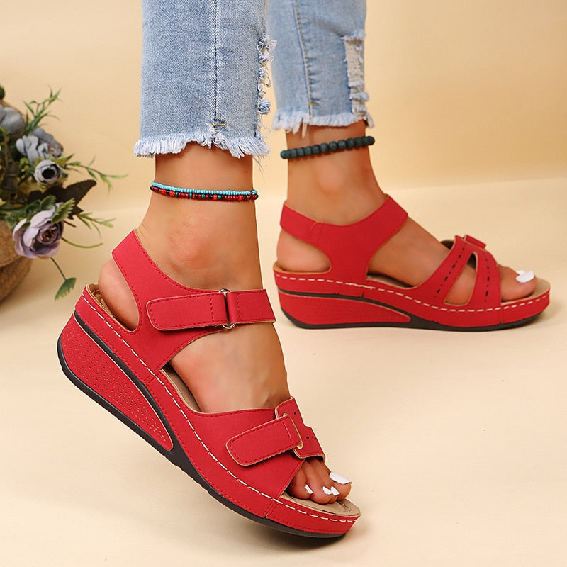 Wedge Sandals with Double Velcro Strap and Cushioned Footbed