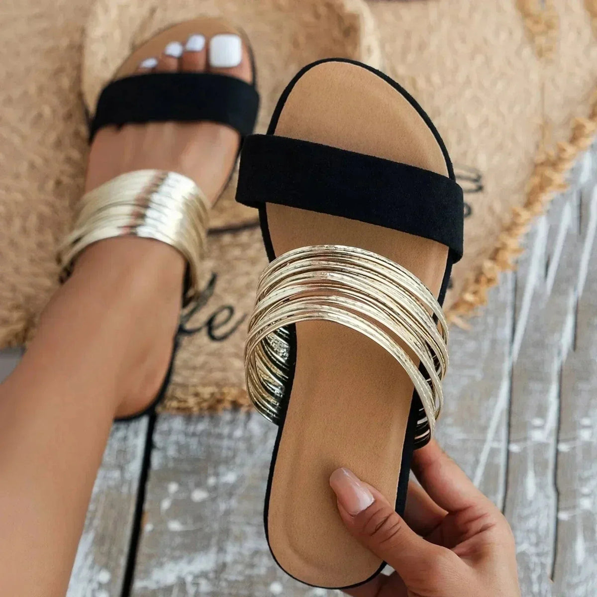Chique Flat Sandals with Multi-Strand Gold Strap Detail