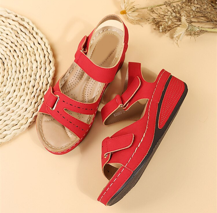 Wedge Sandals with Double Velcro Strap and Cushioned Footbed