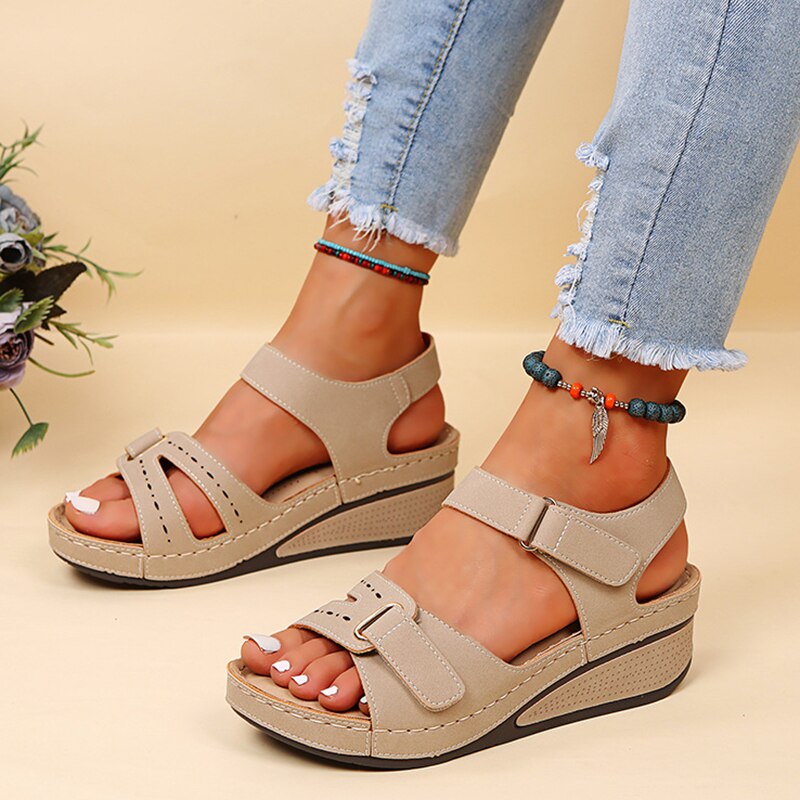 Wedge Sandals with Double Velcro Strap and Cushioned Footbed
