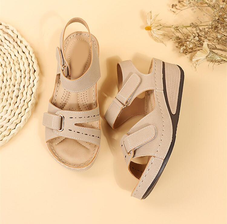Wedge Sandals with Double Velcro Strap and Cushioned Footbed