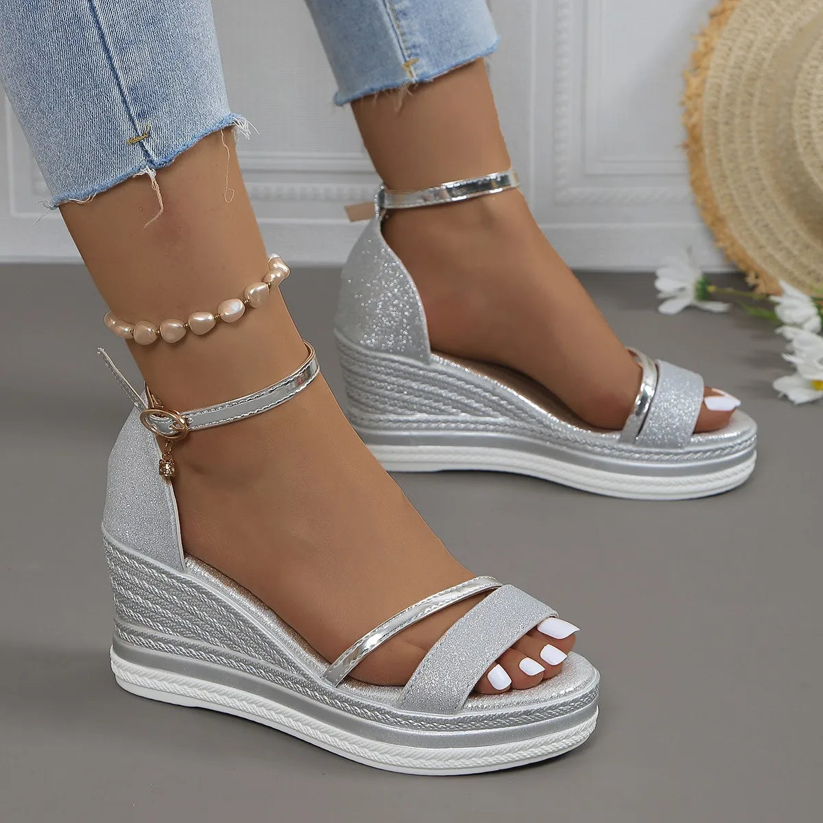 Elegant Wedge Espadrilles with Ankle Strap and Shimmer Upper