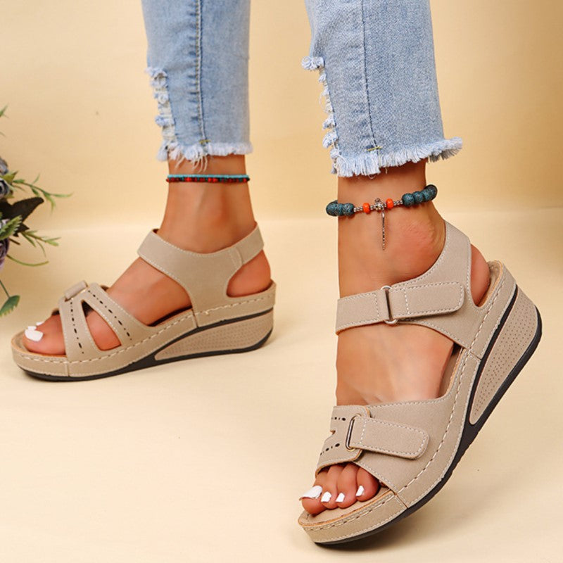 Wedge Sandals with Double Velcro Strap and Cushioned Footbed