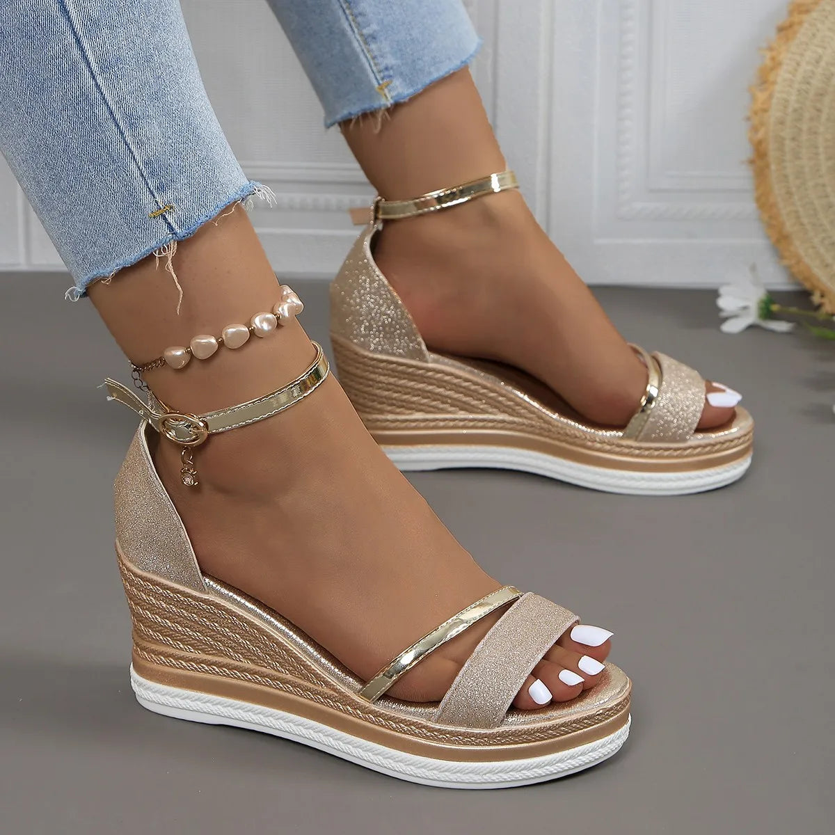 Elegant Wedge Espadrilles with Ankle Strap and Shimmer Upper