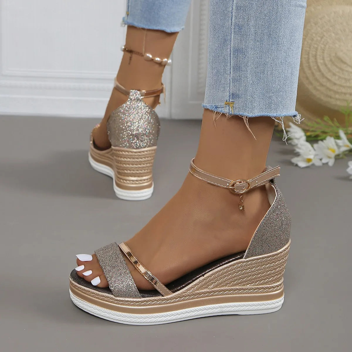 Elegant Wedge Espadrilles with Ankle Strap and Shimmer Upper