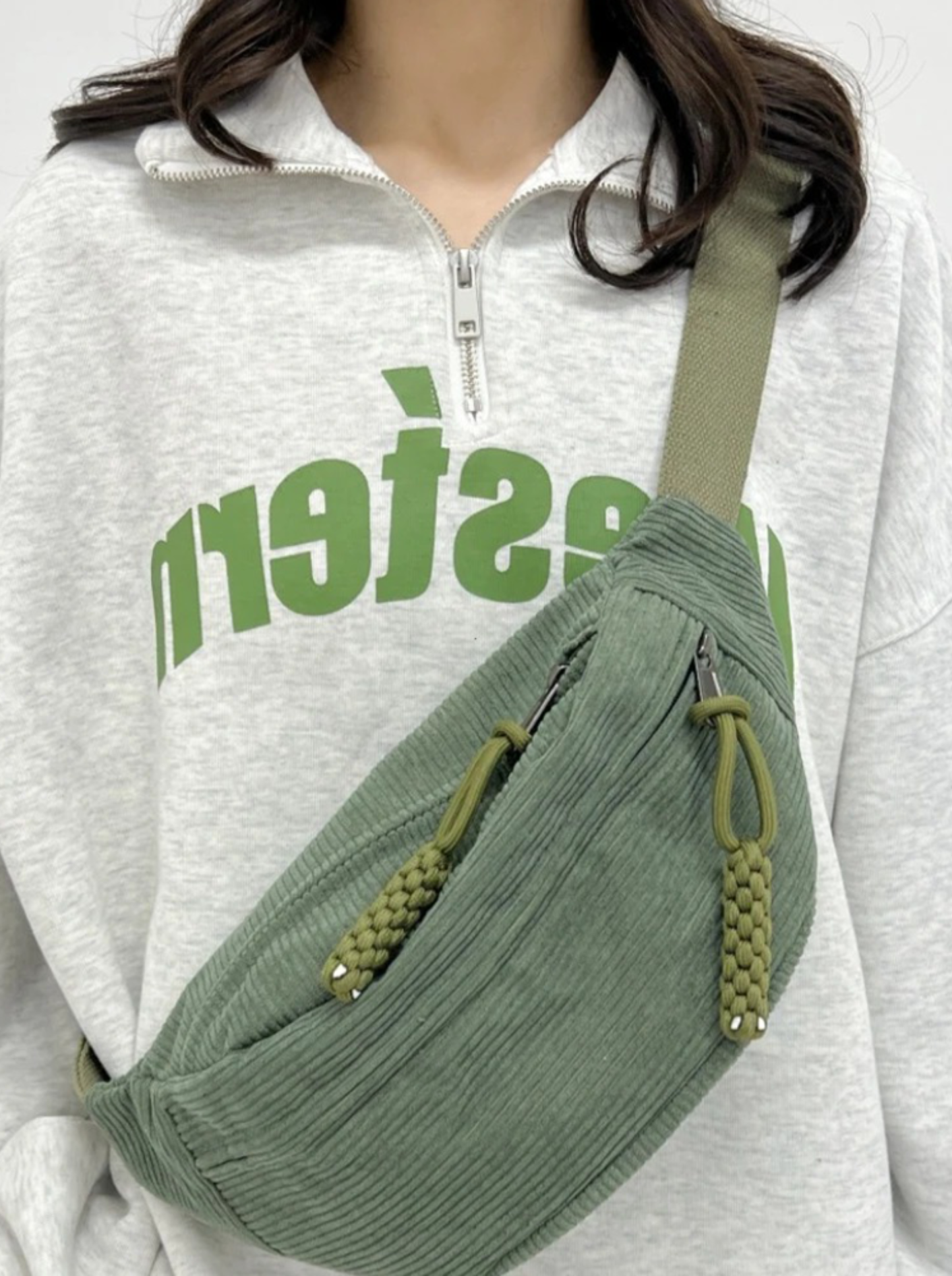 Sage Green Corduroy Crossbody Bum Bag with Braided Zip Pulls
