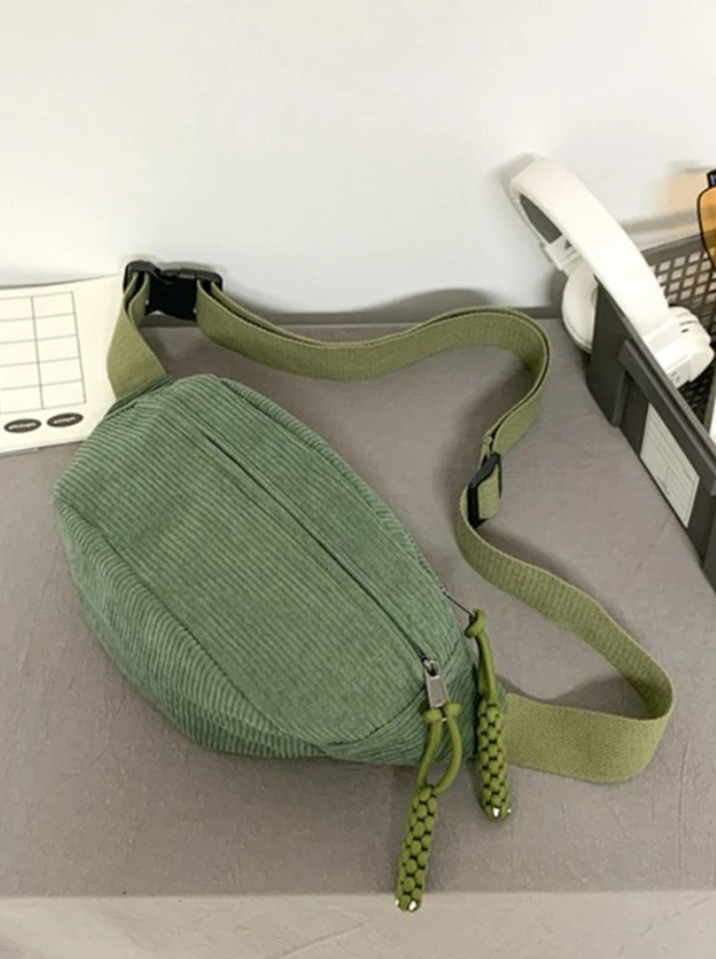 Sage Green Corduroy Crossbody Bum Bag with Braided Zip Pulls