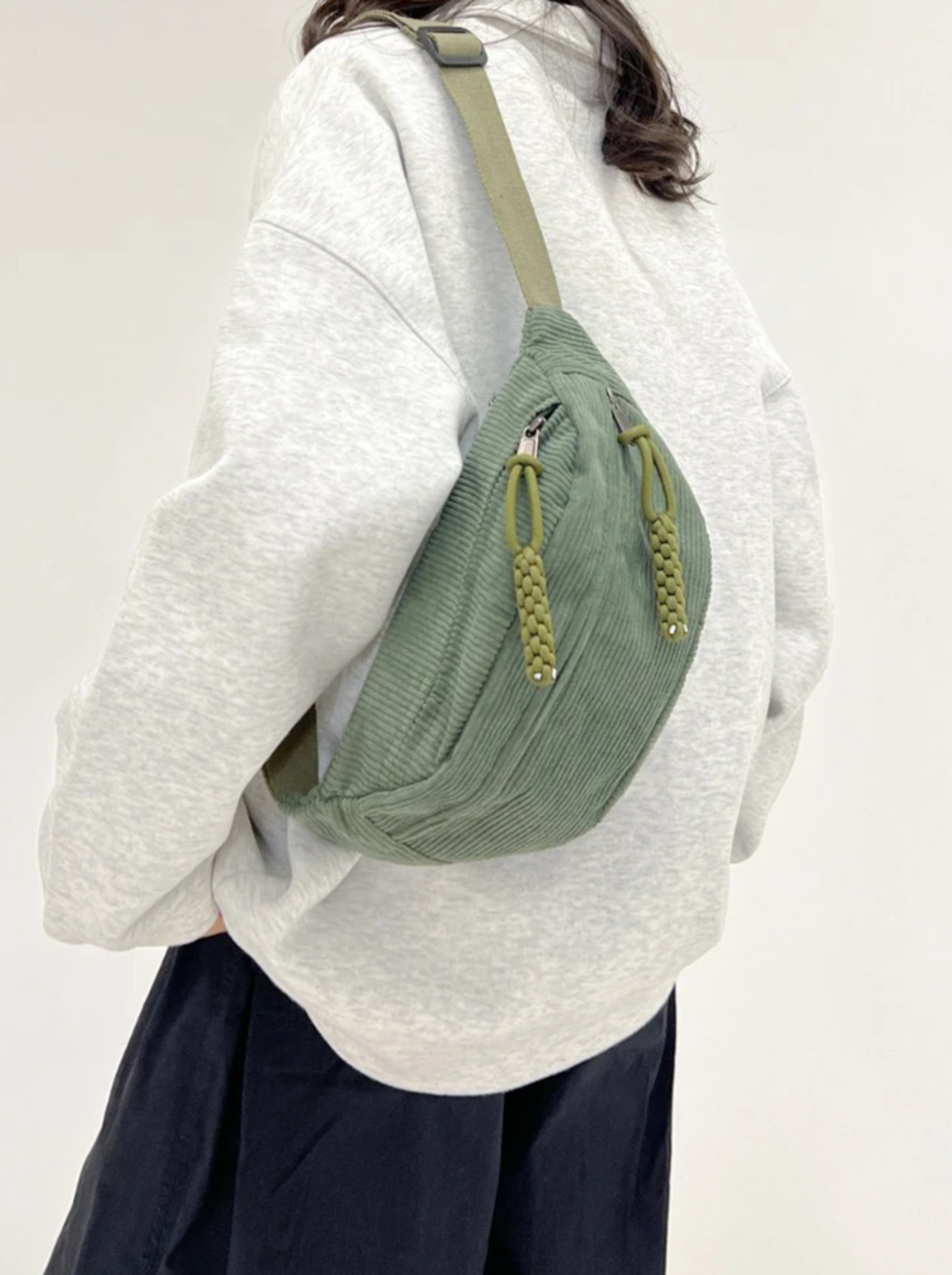 Sage Green Corduroy Crossbody Bum Bag with Braided Zip Pulls