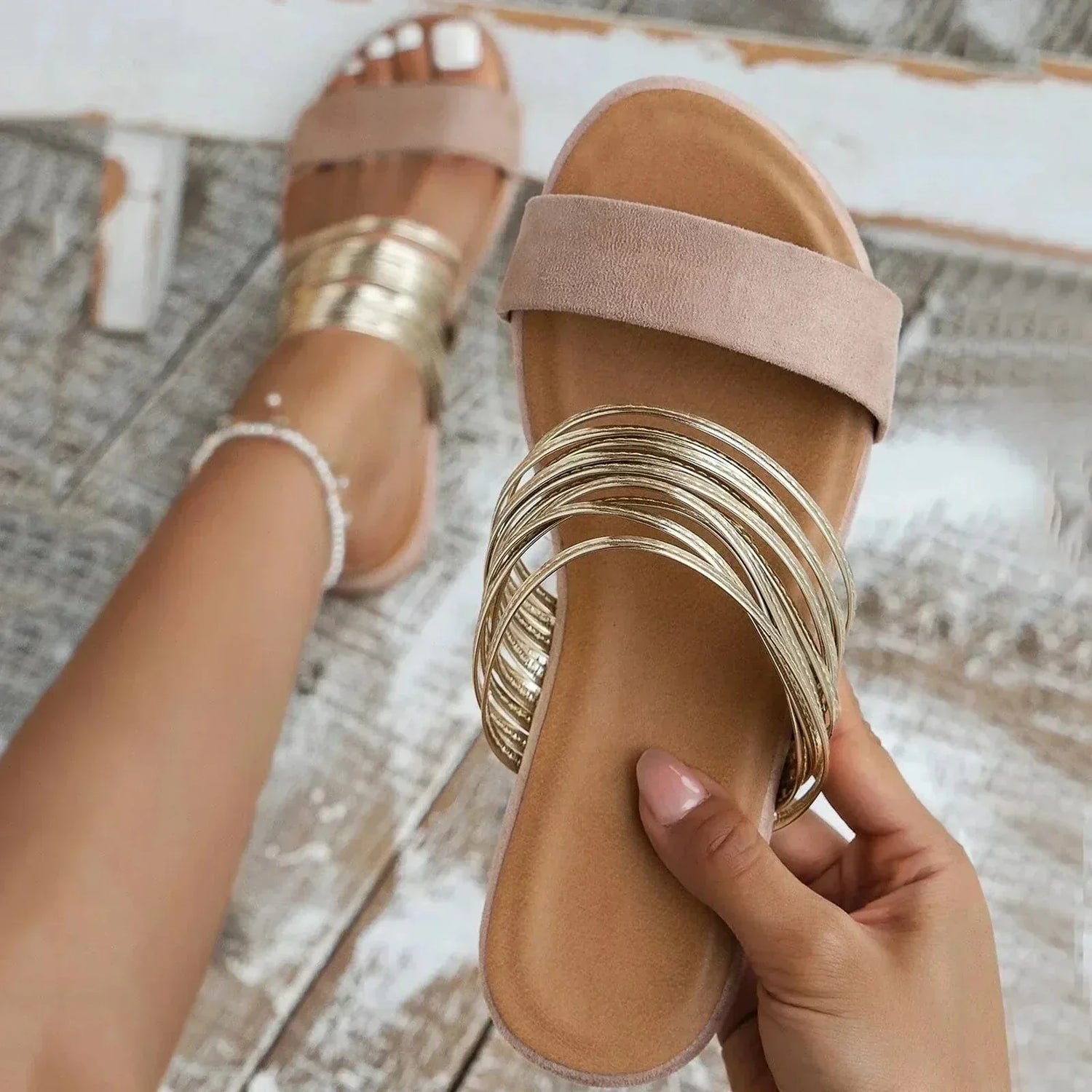 Chique Flat Sandals with Multi-Strand Gold Strap Detail