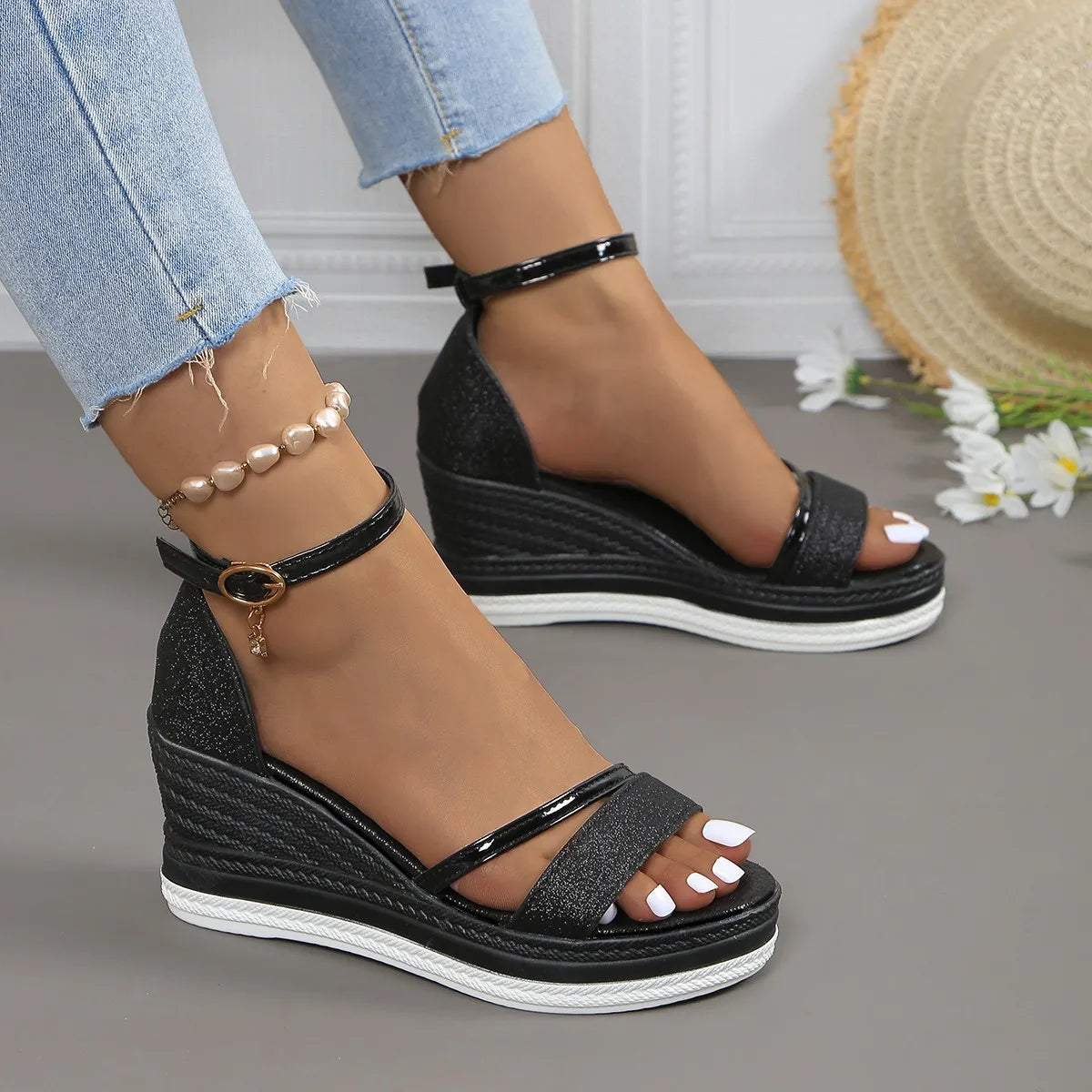 Elegant Wedge Espadrilles with Ankle Strap and Shimmer Upper