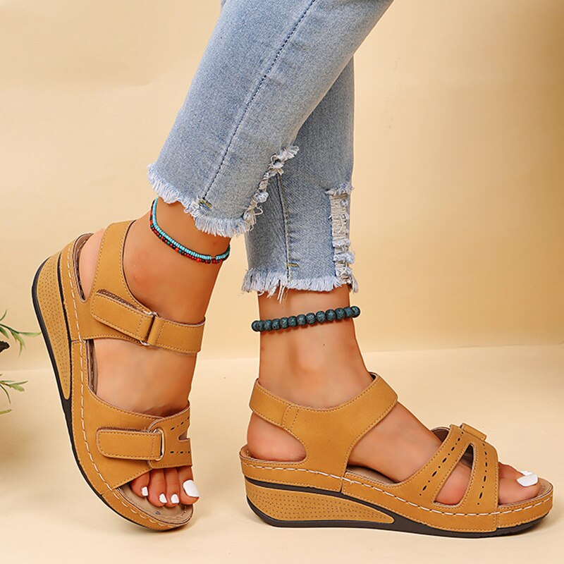 Wedge Sandals with Double Velcro Strap and Cushioned Footbed