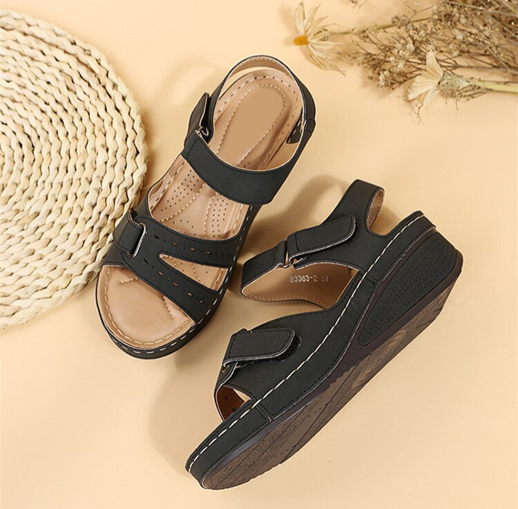 Wedge Sandals with Double Velcro Strap and Cushioned Footbed