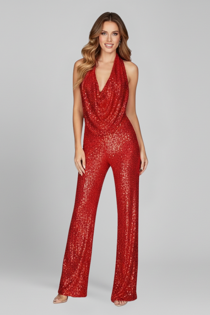 Sequin Wide leg Jumpsuit with Cowl Neckline and Halter Neck