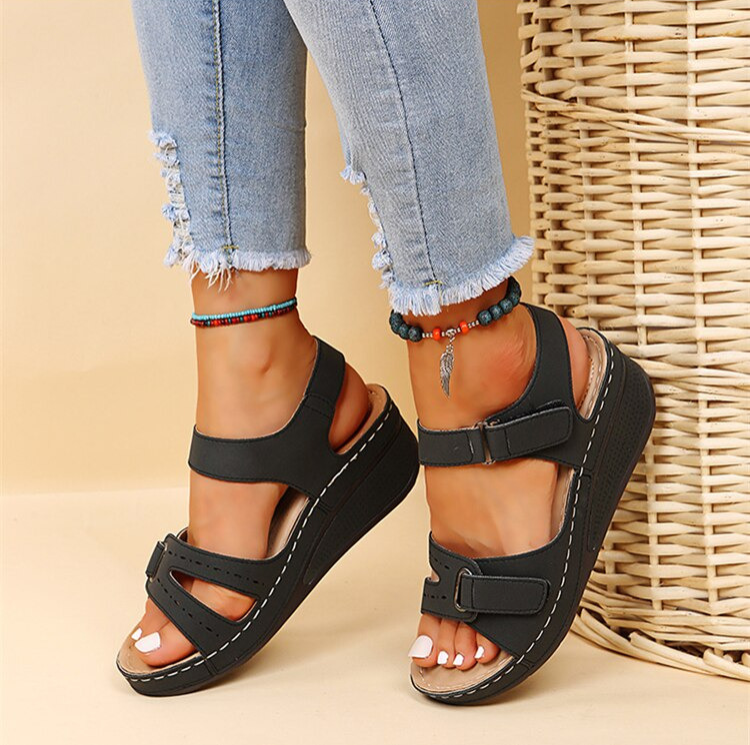 Wedge Sandals with Double Velcro Strap and Cushioned Footbed