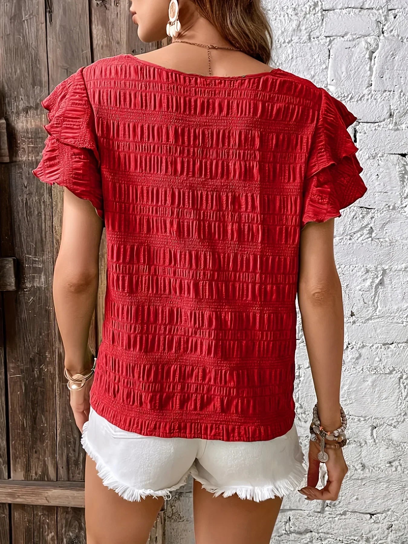 Smocked Ruffle Sleeve Top with Round Neckline