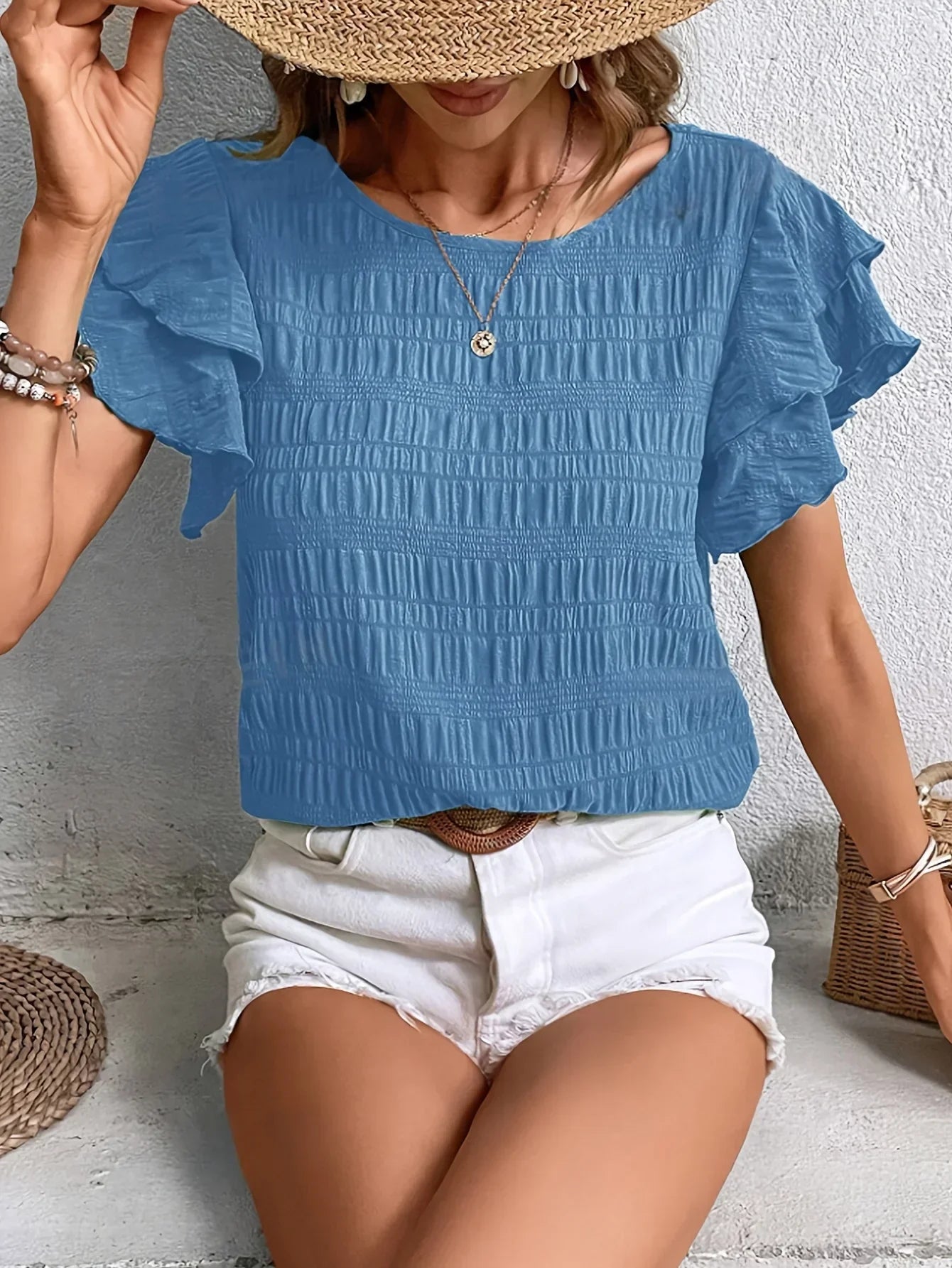 Smocked Ruffle Sleeve Top with Round Neckline