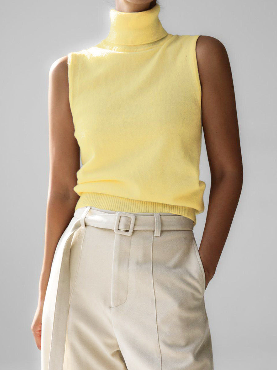 Soft Knit Turtleneck Sleeveless Top with Ribbed Hem